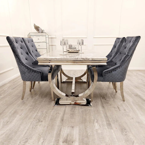 Luciana Marble Top Dining Table Set showcasing a stylish Chrome Base with dual-circle design. Accompanied by Oliver Dining Chairs in plush velvet finishes. - 002