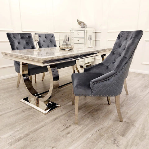 Luciana Marble Top Dining Table Set showcasing a stylish Chrome Base with dual-circle design. Accompanied by Oliver Dining Chairs in plush velvet finishes. - 001