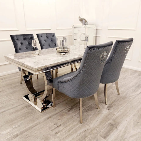 Luciana Marble Top Dining Table Set showcasing a stylish Chrome Base with dual-circle design. Accompanied by Oliver Dining Chairs in plush velvet finishes. - 003