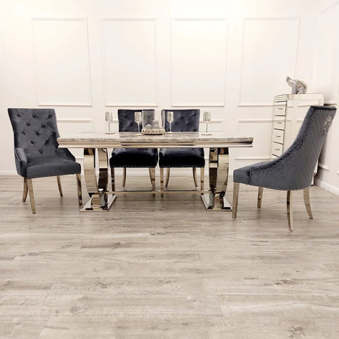 Luciana Marble Top Dining Table Set showcasing a stylish Chrome Base with dual-circle design. Accompanied by Oliver Dining Chairs in plush velvet finishes. - 004