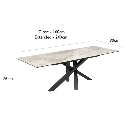 Samurai Extending Dining Table With Light Grey Ceramic top, Also Known as Brando Dining Table Double side extension - Dimensions 