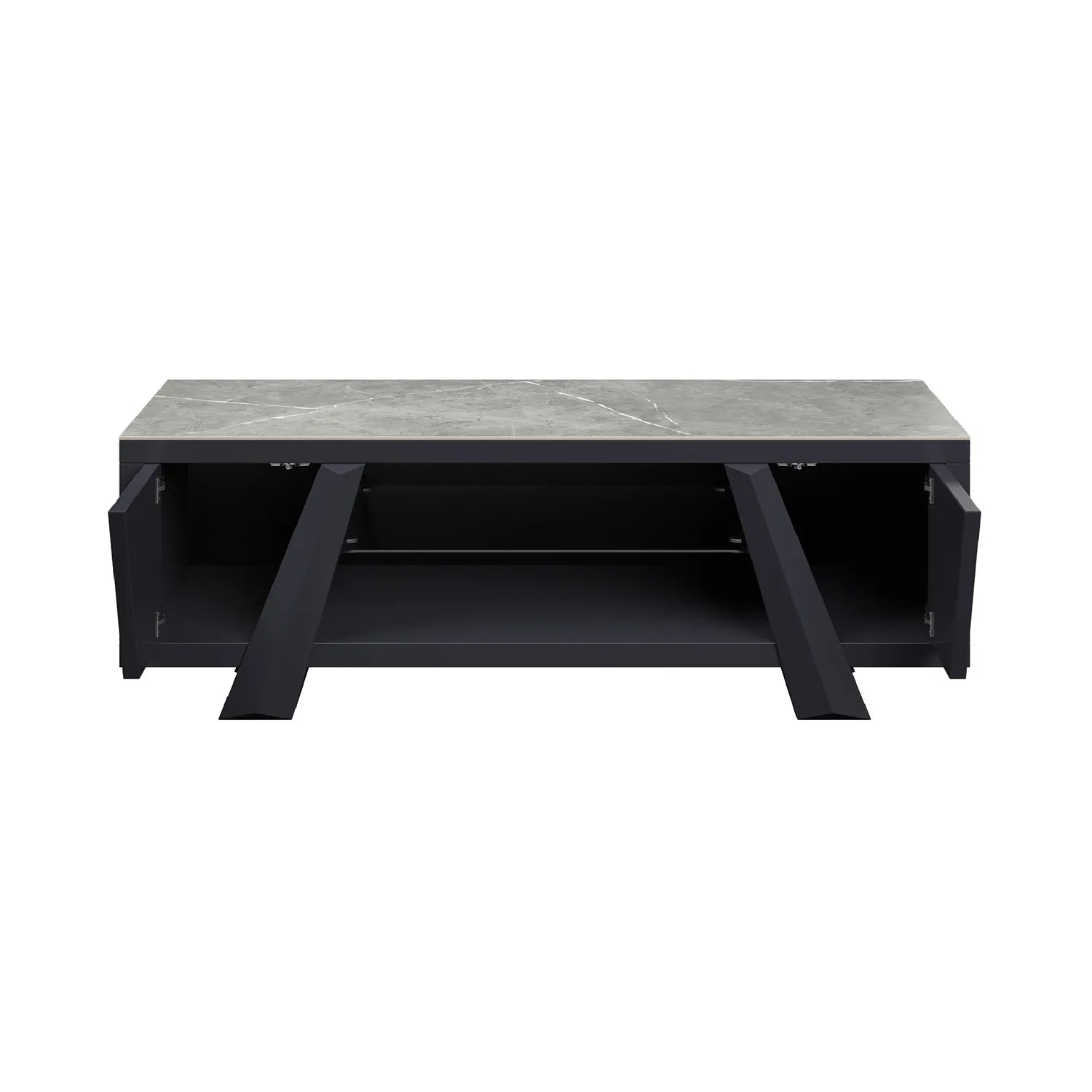 Samurai TV Unit with Matte Grey Stone Effect Ceramic Top - Open Cabinets