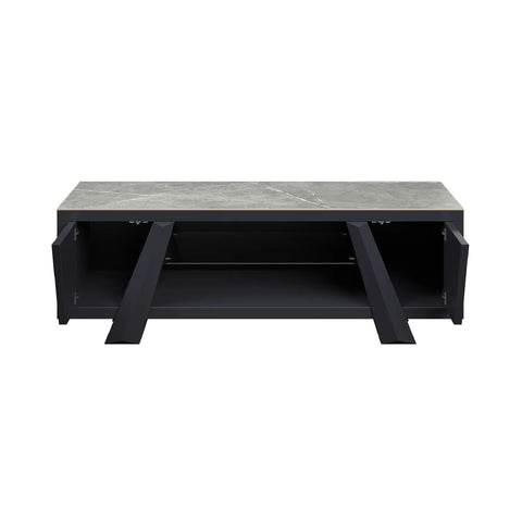 Samurai TV Unit with Matte Grey Stone Effect Ceramic Top - Open Cabinets