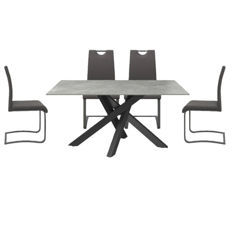 Samurai Matte Grey Ceramic Dining Table with Bianco Grey Leather Dining Chairs