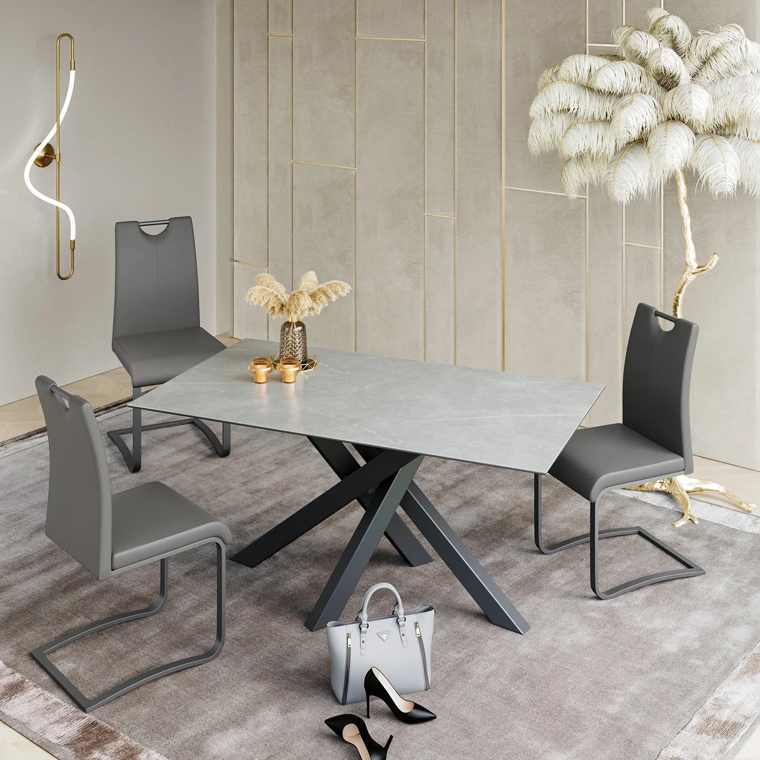 Samurai 1.6m Matte Grey Ceramic Top Dining Table and 4 Bianco Chairs