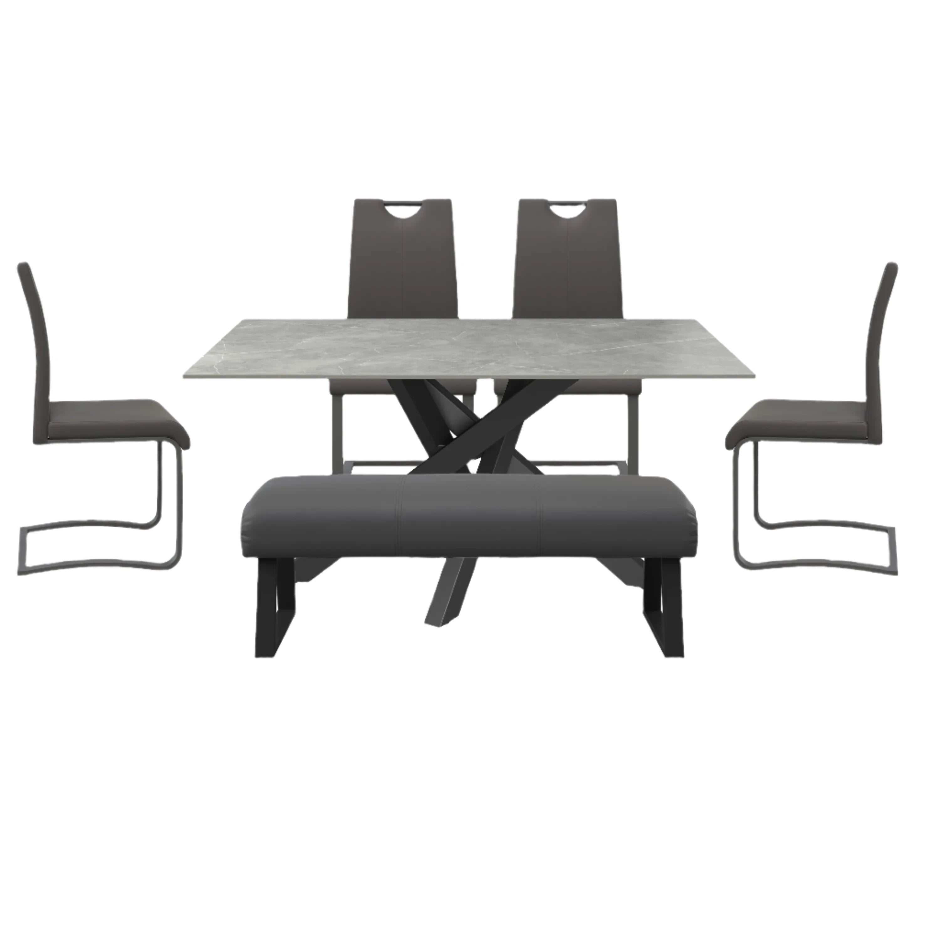 Samurai Matte Grey Ceramic Dining Table With 4 Chairs and Bench