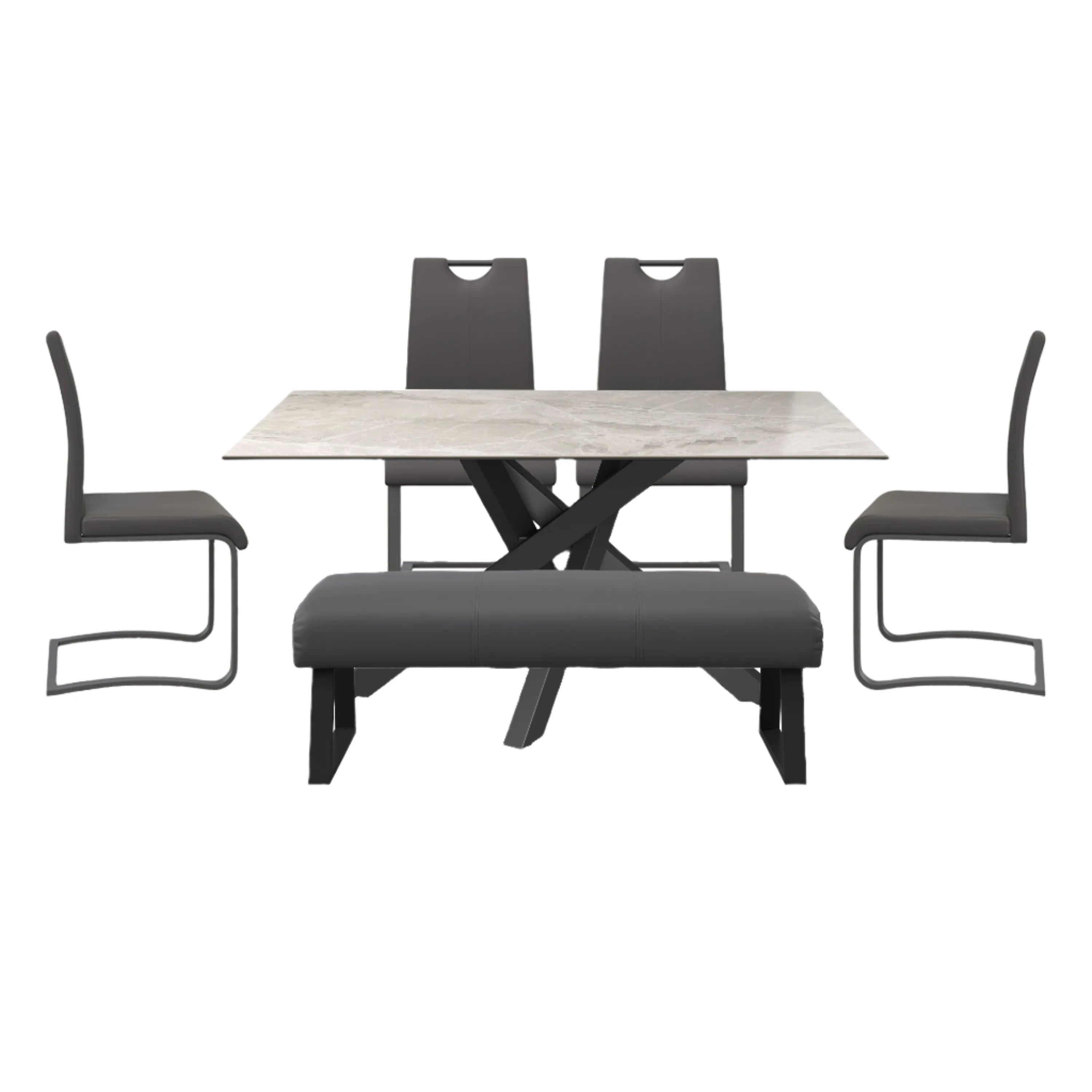 Samurai Gloss Grey Ceramic Dining Table With 4 Chairs and Bench