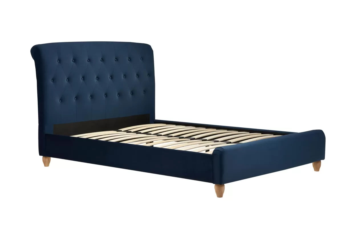 Bradley Midnight Blue Plush Velvet Fabric Bed