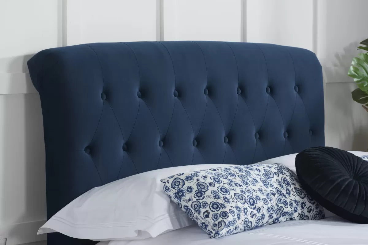 Bradley Midnight Blue Plush Velvet Fabric Bed