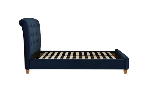 Bradley Bed: A chic and modern masterpiece in midnight blue fabric with a generously cushioned headboard. Sprung slatted base for ultimate comfort and impressive weight load capacity. Elevate your bedroom with luxury and sophistication. - 011