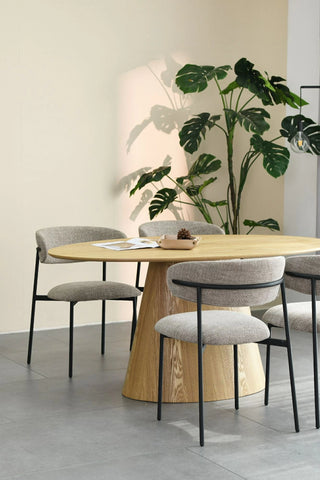 Oval Natural Wood Grain Dining Table and 4 Oatmeal Tweed Effect Dining Chairs. Also available with Natural Linen chairs-Lifestyle-Close-up-Image