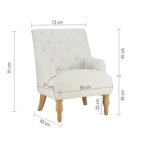 Becky Occasional White Boucle Fabric Button Back Occasional Chair - Dimensions 