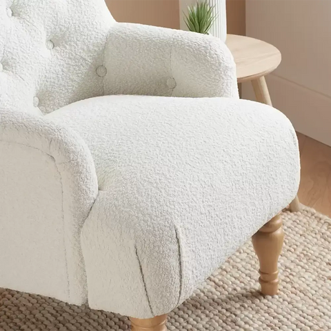 Becky Occasional White Boucle Fabric Button Back Occasional Chair - Close Up of Cushioned Seat