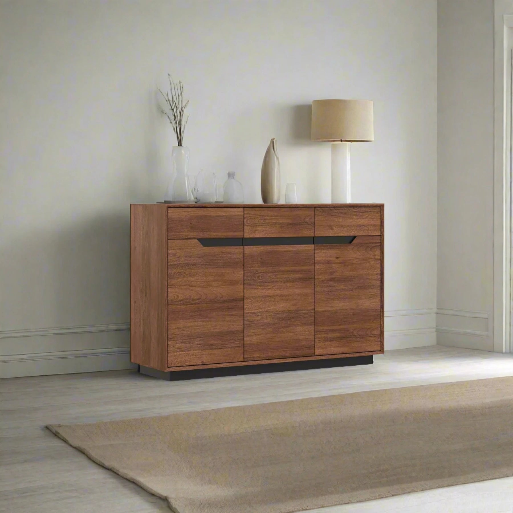 Prime 3 Door Sideboard in Smoked Oak, also available in Black Oak and White Oak - Lifestyle Image 