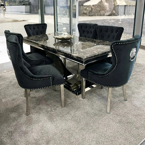 Bentley Black Marble Dining Table With Lion Knocker back Dining Chairs