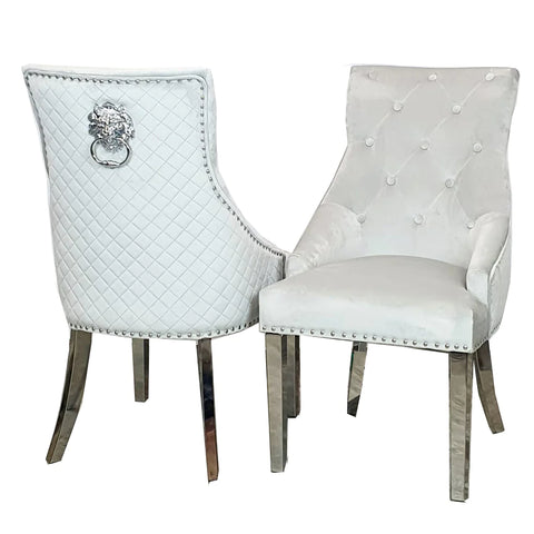 White Velvet Chairs with Chrome Studs and Lion Head Handle Back   