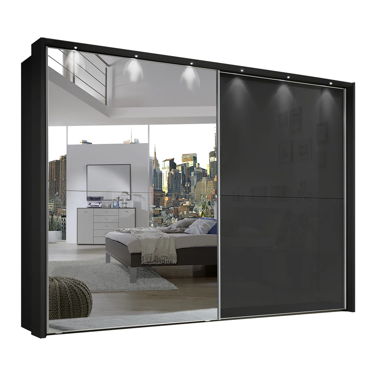 Wiemann Bristol Graphite Sliding Door Wardrobe With Mirror, We will Deliver and assemble the wardrobe. Available in 4 Width Sizes 150cm, 200cm, 250cm and 300cm height is 217cm - White Background 