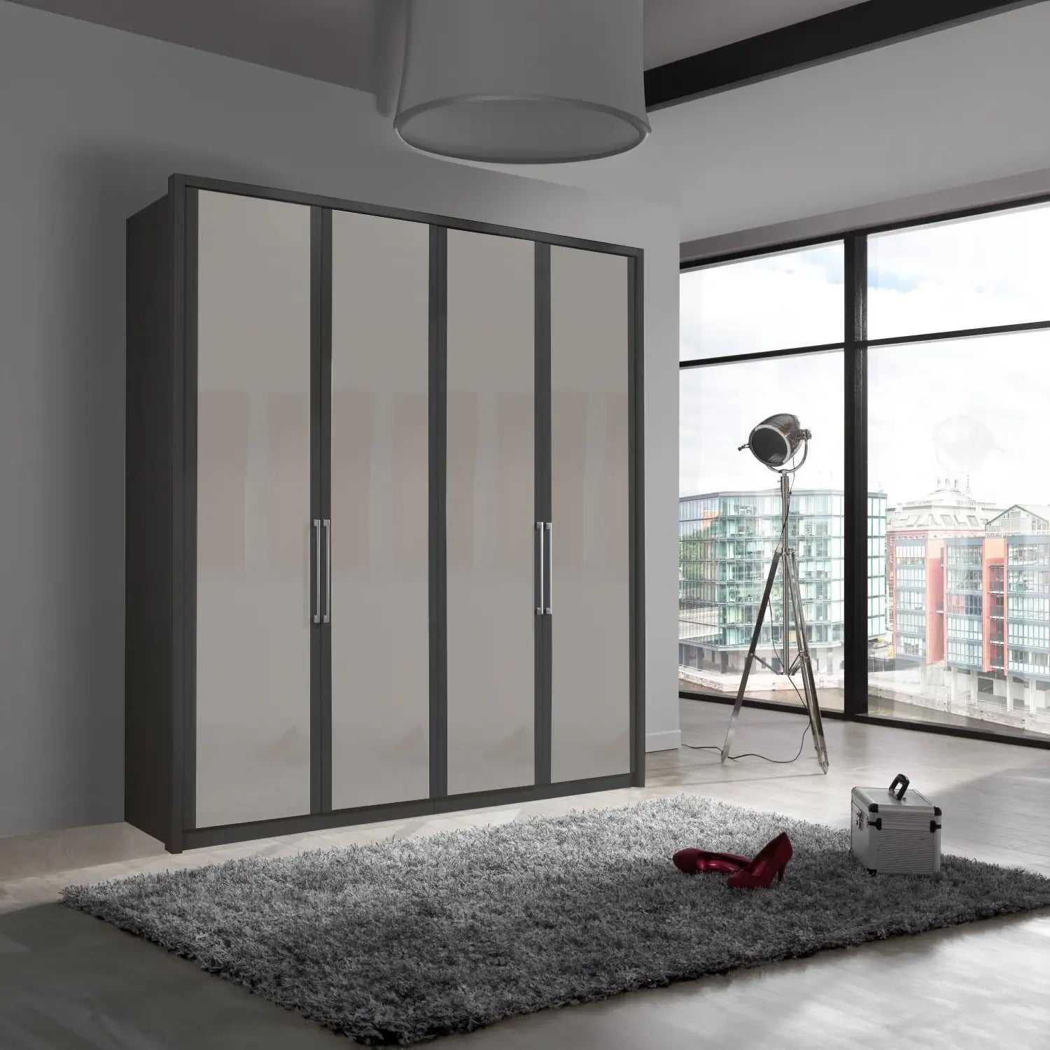 Wiemann Bristol Graphite and Pebble Grey Glass Front 4 Door Wardrobe with Mirror