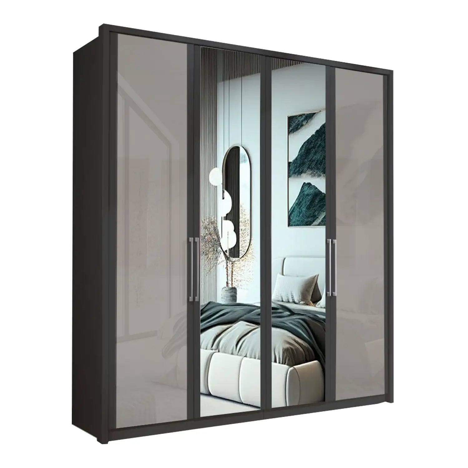 Wiemann Bristol Graphite and Pebble Grey Glass Front 4 Door Wardrobe