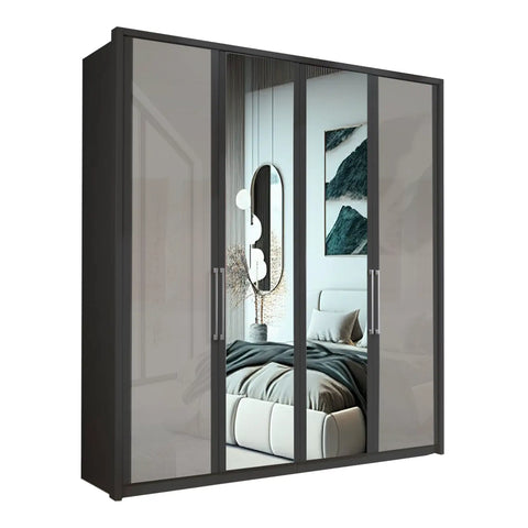 Image of Wiemann Bristol 4 Door Wardrobe with Graphite Carcase and Pebble Grey Glass Front. Also available with middle doors featuring mirror pads. Dimensions: Width 200cm, Height 216cm, Depth 58cm. Free Delivery and Assembly. 12 months interest-free pay monthly available - Mirror Front Wardrobe 