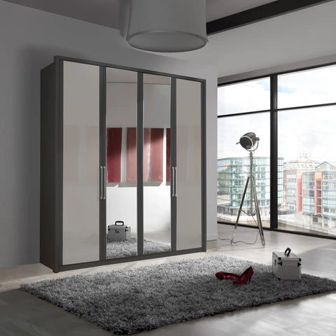 Image of Wiemann Bristol 4 Door Wardrobe with Graphite Carcase and Pebble Grey Glass Front. Also available with middle doors featuring mirror pads. Dimensions: Width 200cm, Height 216cm, Depth 58cm. Free Delivery and Assembly. 12 months interest-free pay monthly available - Mirror Front Wardrobe Lifestyle Image 