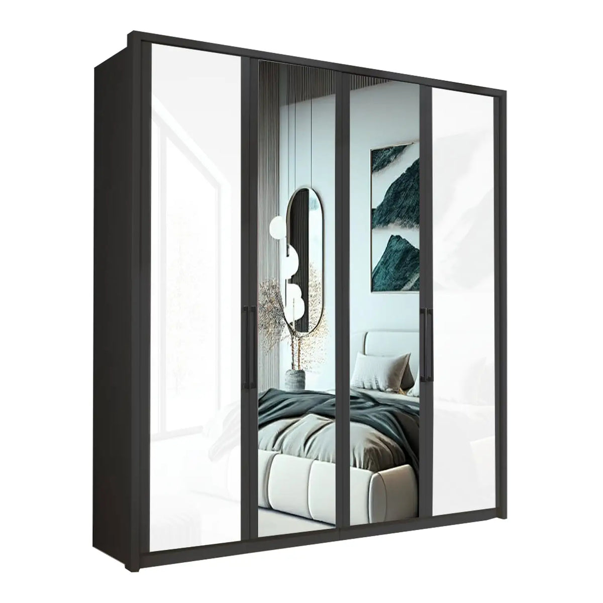 Wiemann Bristol 4 Door White Glass and Mirror Front 4 Door Hinged Wardrobe with Graphite Carcase Colour width 200cm