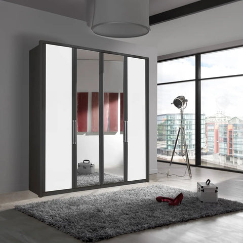 Wiemann Bristol 4 Door Wardrobe with Graphite Carcase and White Glass Front. Also available in 5 or 6 doors