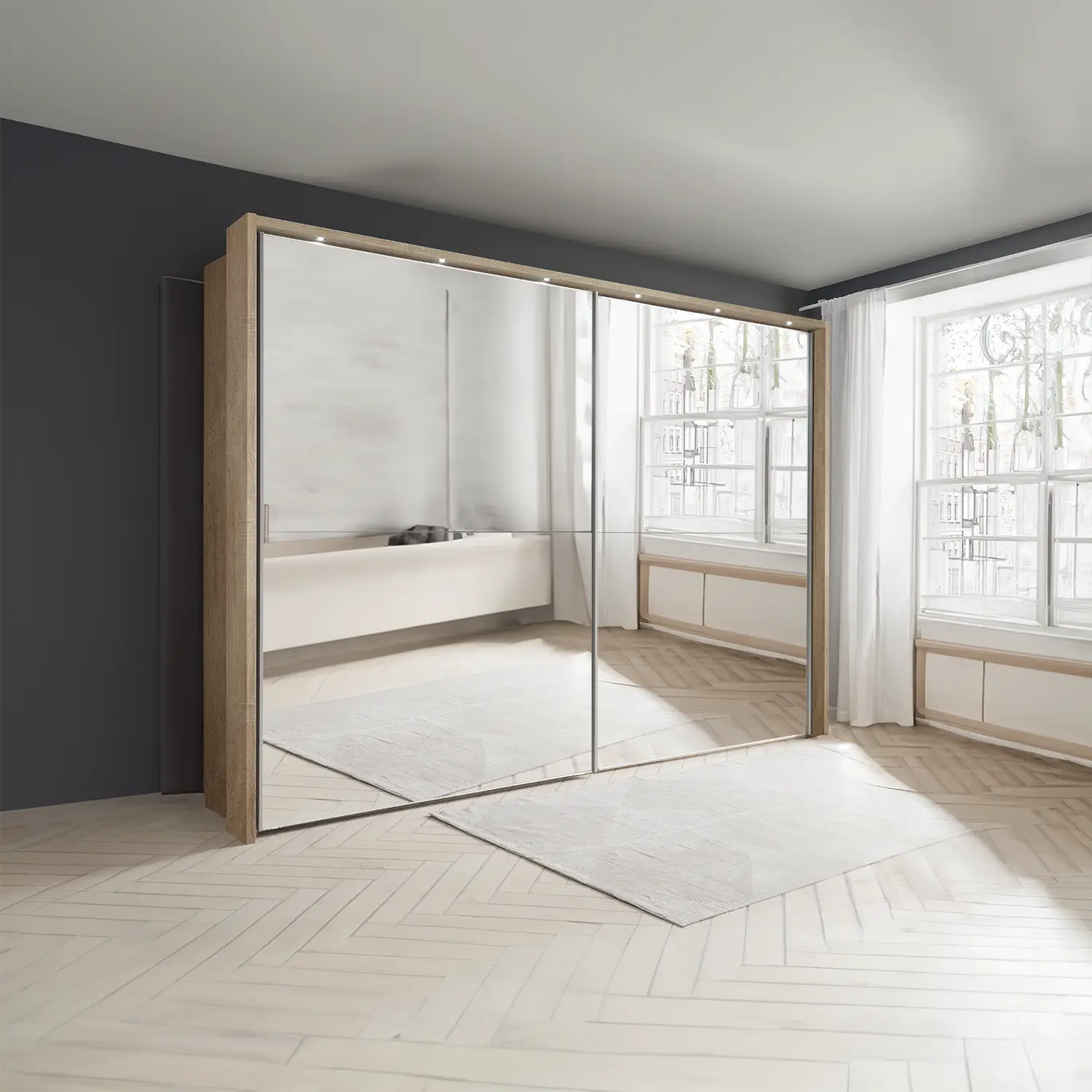 Wiemann Bristol Rustic Oak Mirrored Sliding Door Wardrobe, We will Deliver and assemble the wardrobe. Available in 4 Width Sizes 150cm, 200cm, 250cm and 300cm height is 217cm - Lifestyle Image 