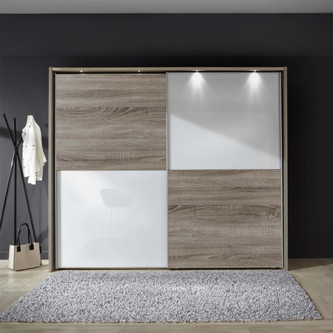 Wiemann Bristol Nordic Oak and White Sliding Door Wardrobe With Mirror, We will Deliver and assemble the wardrobe. Available in 4 Width Sizes 150cm, 200cm, 250cm and 300cm height is 217cm - Dark Rustic Oak with White Wardrobe 