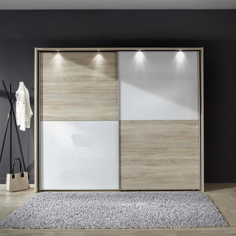 Wiemann Bristol Nordic Oak and White Sliding Door Wardrobe With Mirror, We will Deliver and assemble the wardrobe. Available in 4 Width Sizes 150cm, 200cm, 250cm and 300cm height is 217cm - Rustic Oak with White Wardrobe 