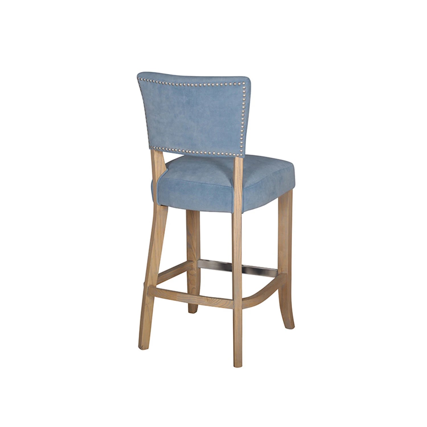 Blue Velvet Bar Chair with Solid Oak Legs. Studded detail to the back of the Chair. Also available in Light Grey and Dark Grey - Studded detail on back of bar stool