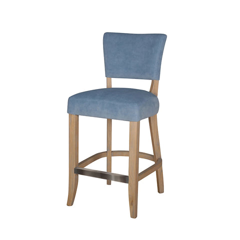 Blue Velvet Bar Chair with Solid Oak Legs. Studded detail to the back of the Chair. Also available in Light Grey and Dark Grey - Main Image