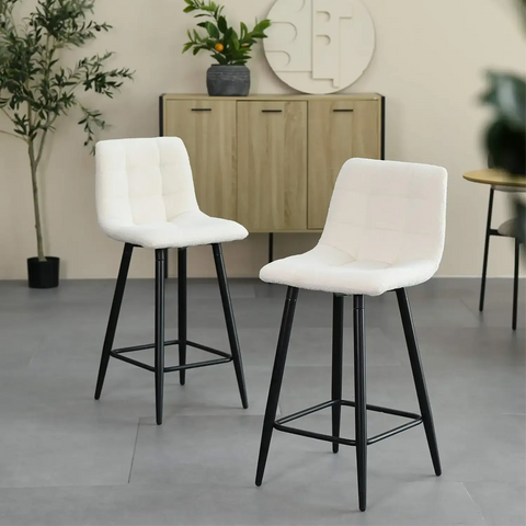 Pair of Grey Boucle Bar Stools, also available in Cream - Lifestyle Image of Cream Bar Stools