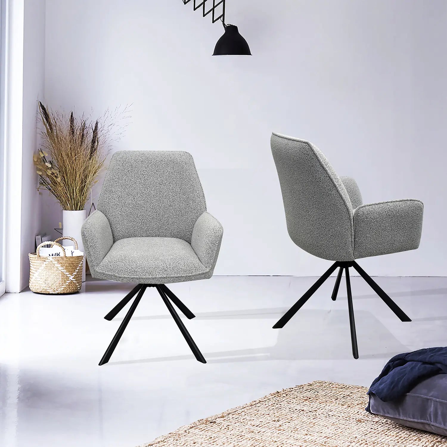 Set of 6 Grey Boucle Fabric Swivel Dining Chairs. Also available as a set of 4 - Lifestyle Image