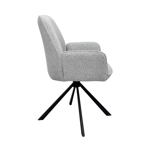 Kos Light Grey Ceramic Extendable Table with Grey Boucle Swivel Chairs- Side View of Boucle Chair