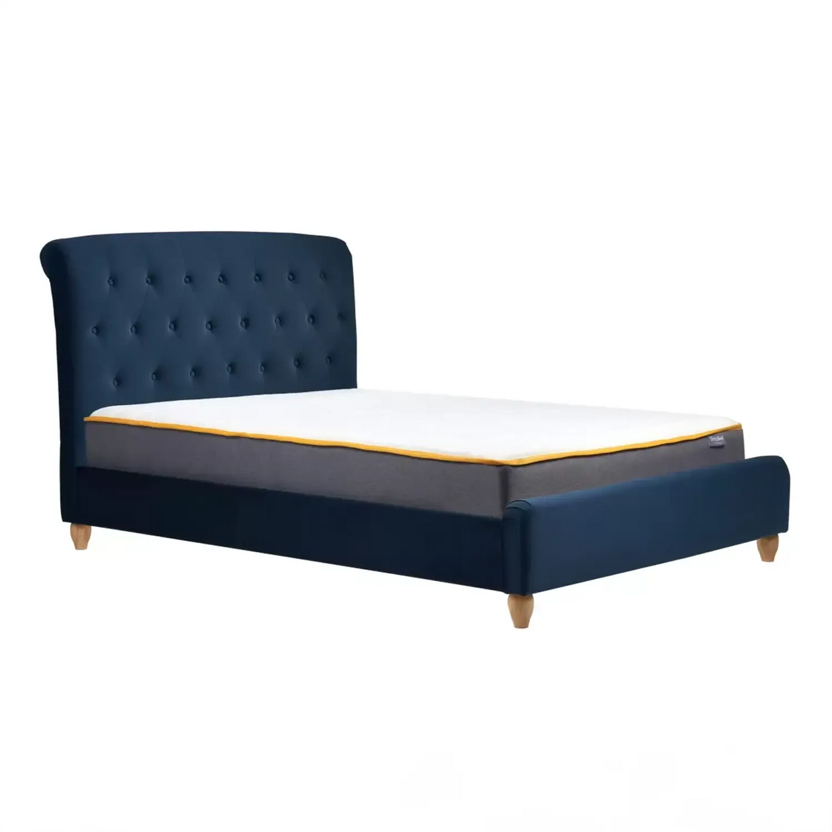 Bradley Bed: A chic and modern masterpiece in midnight blue fabric with a generously cushioned headboard. Sprung slatted base for ultimate comfort and impressive weight load capacity. Elevate your bedroom with luxury and sophistication - Main Image