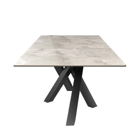 Brando Light Grey High Gloss Marble Effect Ceramic Extending Dining Table With Black Powder Coated Base Samurai Dining Table Style - Head View