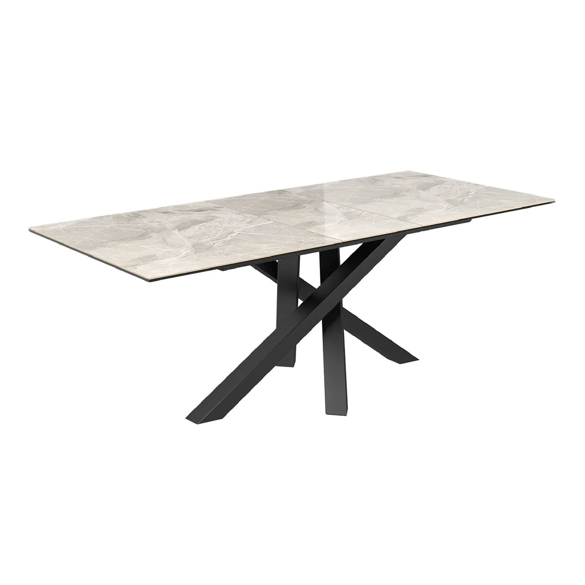 Brando Light Grey High Gloss Marble Effect Ceramic Extending Dining Table With Black Powder Coated Base Samurai Dining Table Style - Extended 