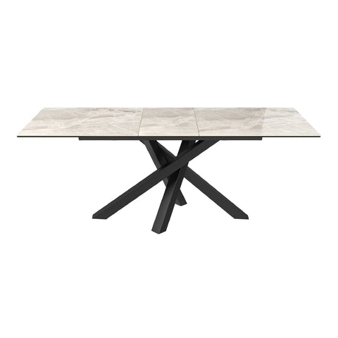 Brando Light Grey High Gloss Marble Effect Ceramic Extending Dining Table With Black Powder Coated Base Samurai Dining Table Style - Straight View