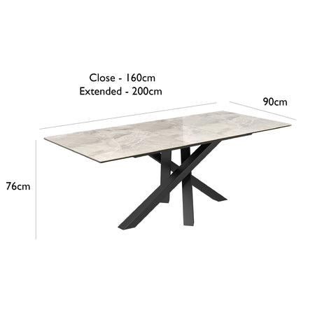 Brando Light Grey High Gloss Marble Effect Ceramic Extending Dining Table With Black Powder Coated Base Samurai Dining Table Style - Dimensions