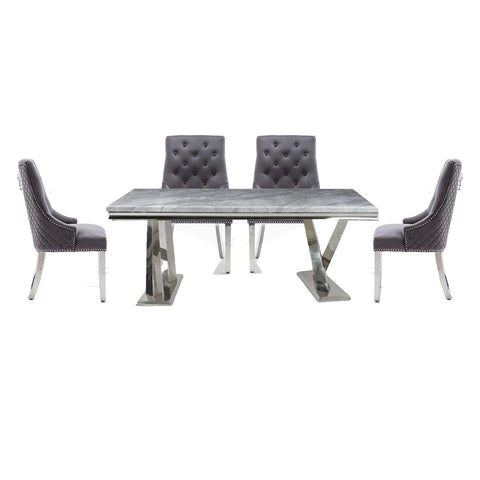 1.8M Grey Marble Top dining Table With Lion Knockerback Dining Chairs