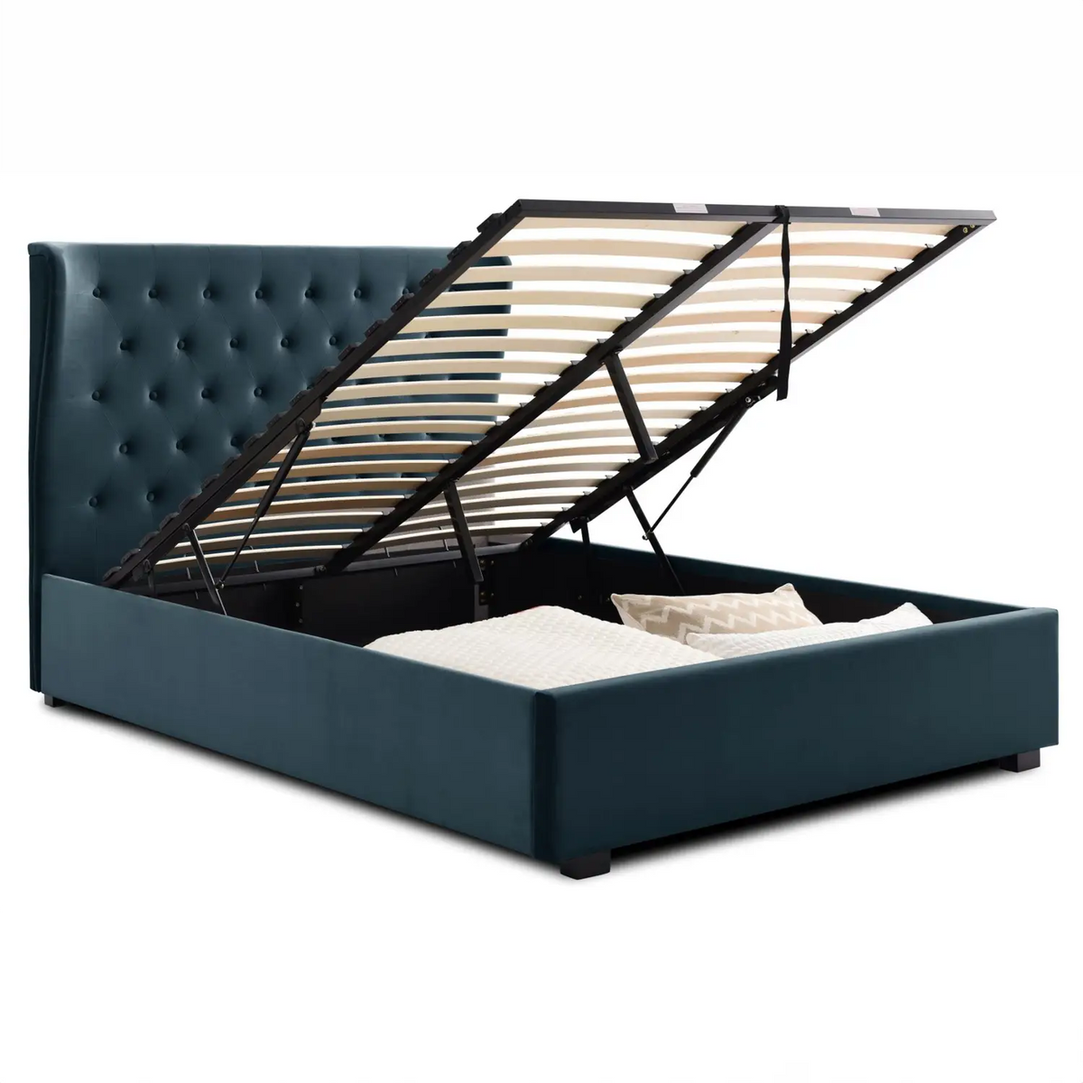 Bristol Grey Velvet Ottoman Bed, also available in Pink and Ink Blue - Ottoman Storage Ink Bed Image