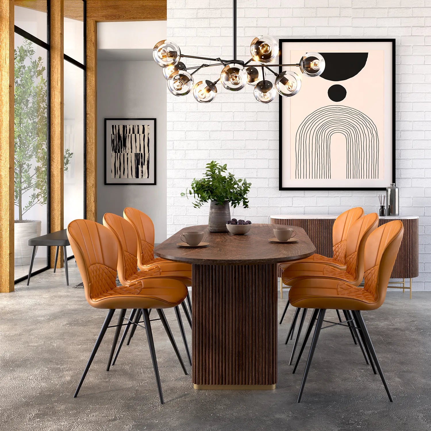 Brown Valencia Marble Mango Wood Oval Dining Table. Matching Furniture available - Lifestyle Image 