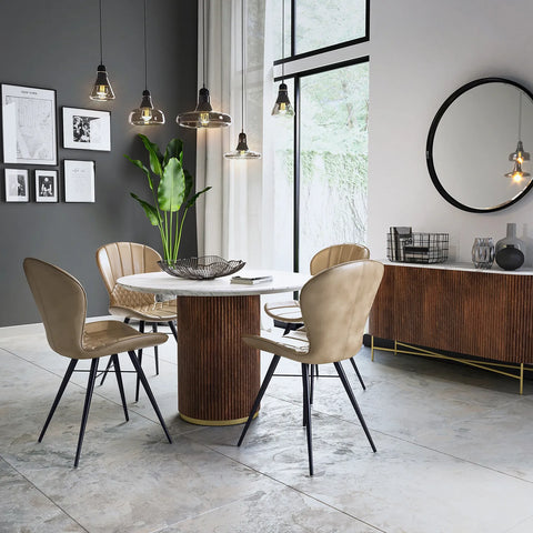 Brown Valencia Marble Mango Wood Round Dining Table. Part of the Brown Valencia Collection - Lifestyle Image 