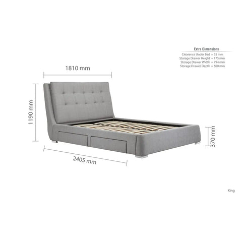 Bugati 4 Drawer Silver Fabric Bed, Stylish Storage Bed - Kingsize Dimensions 