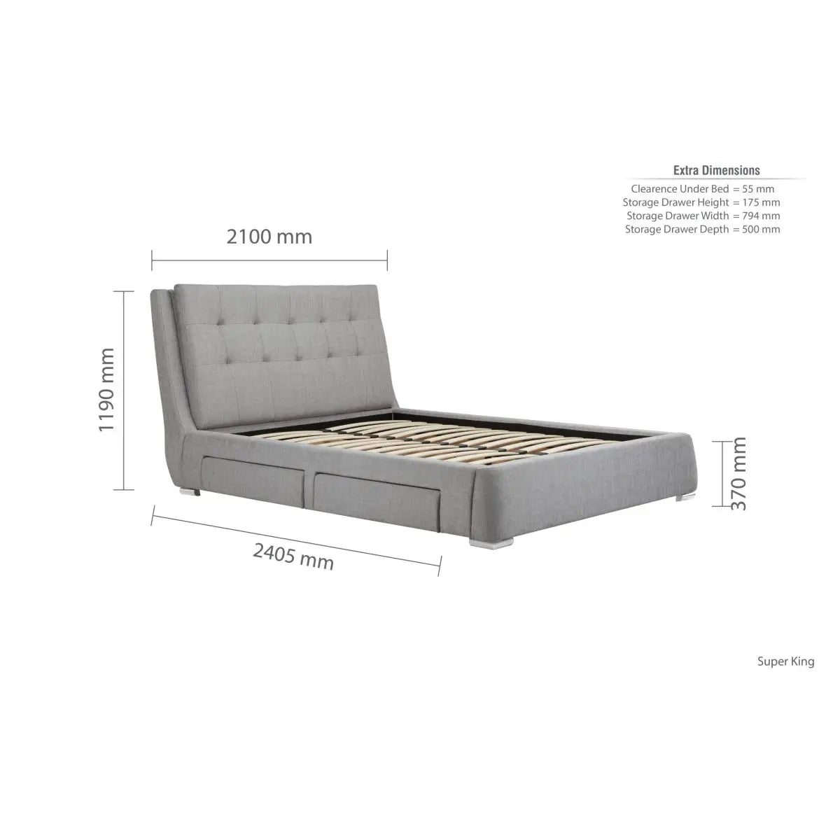 Bugati 4 Drawer Silver Fabric Bed