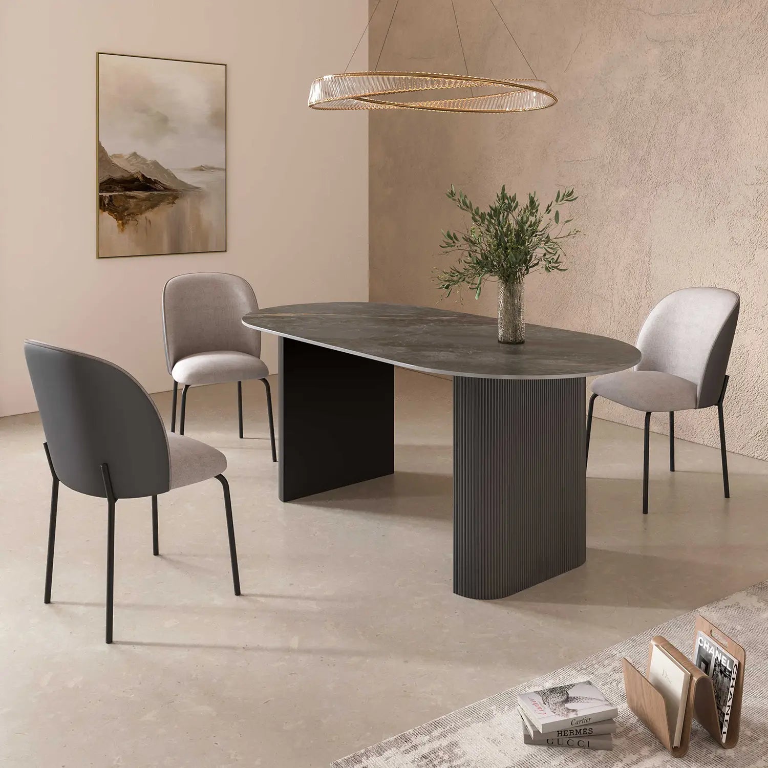 Cartier 180cm Oval Gloss Grey Ceramic Dining Table Set