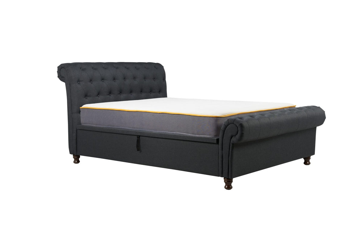 Venice Ottoman Bed: A chic statement piece with buttoned detailing, rolled headboard, and Ottoman storage. Elevate your bedroom with unbeatable comfort and style during this limited-time sale. Available in Double, Small Double, and King sizes. 005