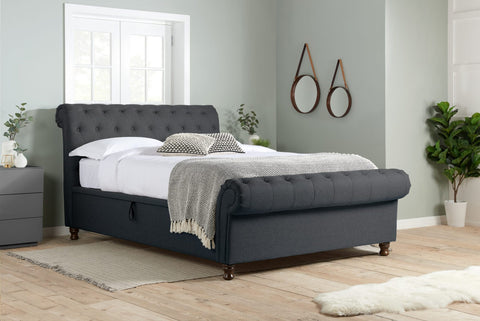 Venice Ottoman Bed: A chic statement piece with buttoned detailing, rolled headboard, and Ottoman storage. Elevate your bedroom with unbeatable comfort and style during this limited-time sale. Available in Double, Small Double, and King sizes. 003