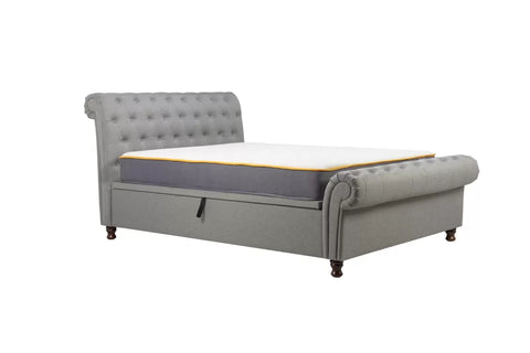 Venice Ottoman Bed: A chic statement piece with buttoned detailing, rolled headboard, and Ottoman storage. Elevate your bedroom with unbeatable comfort and style during this limited-time sale. Available in Double, Small Double, and King sizes. 017